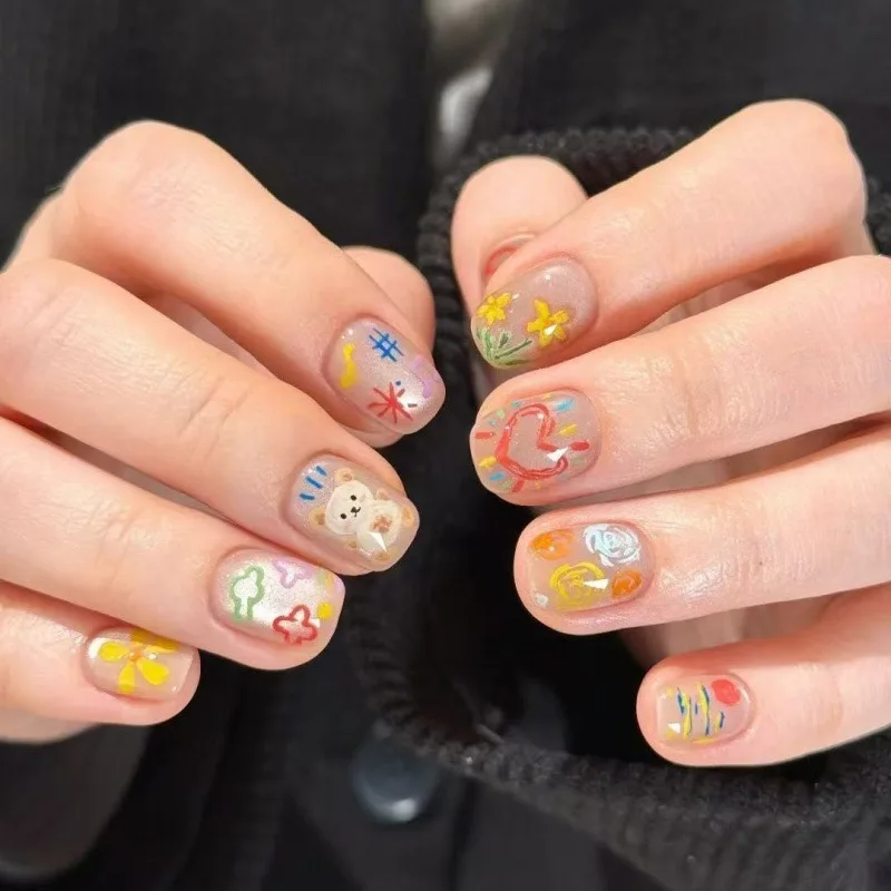 10개입 가짜 손톱 네일 아트 유리 구슬 장난스러운 소녀들의 마음 작은 곰들 리본과 꽃 짧은 손톱용 완벽한 선물