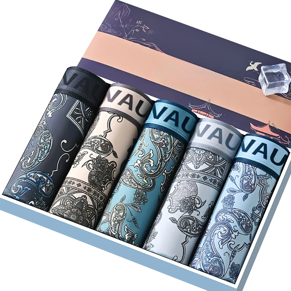 5pcs/set Men's Chinese-style Ice Silk Underwear Fashion Men Panties Breathable Plus-size Anti-bacterial Printed Men Underpant