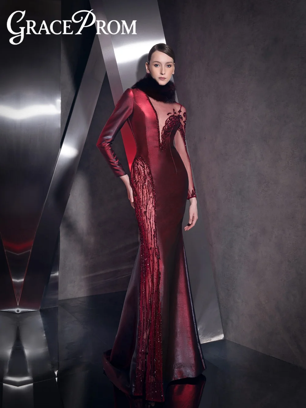 

Стильное роскошное вечернее платье из бисера с мехом и длинными рукавами, вечернее платье русалки, новые изящные банкетные платья по индивидуальному заказу