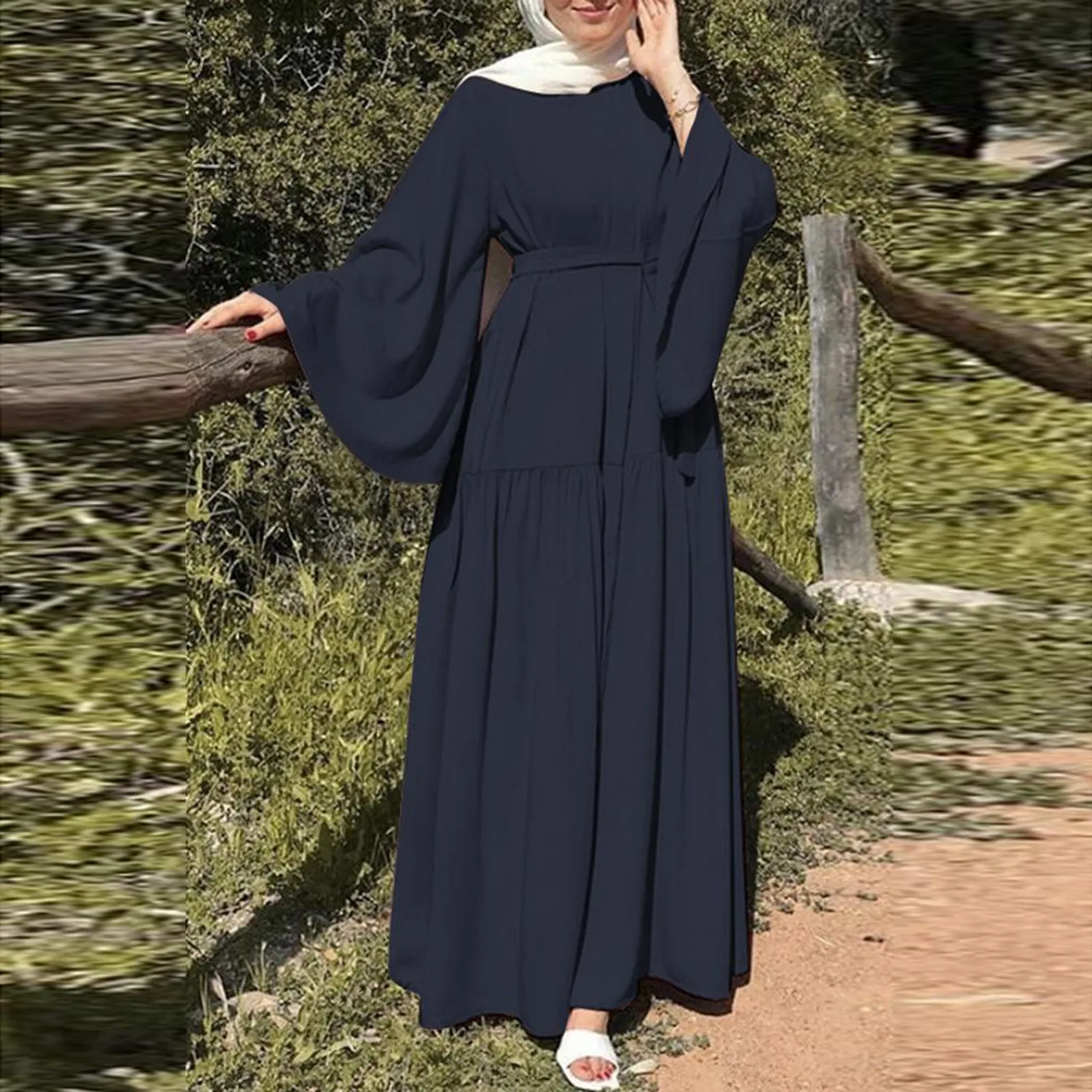 

Повседневные мусульманские женские платья для отдыха, повседневные платья с расклешенными рукавами и поясом по подолу, макси-платья, мусульманская женская одежда