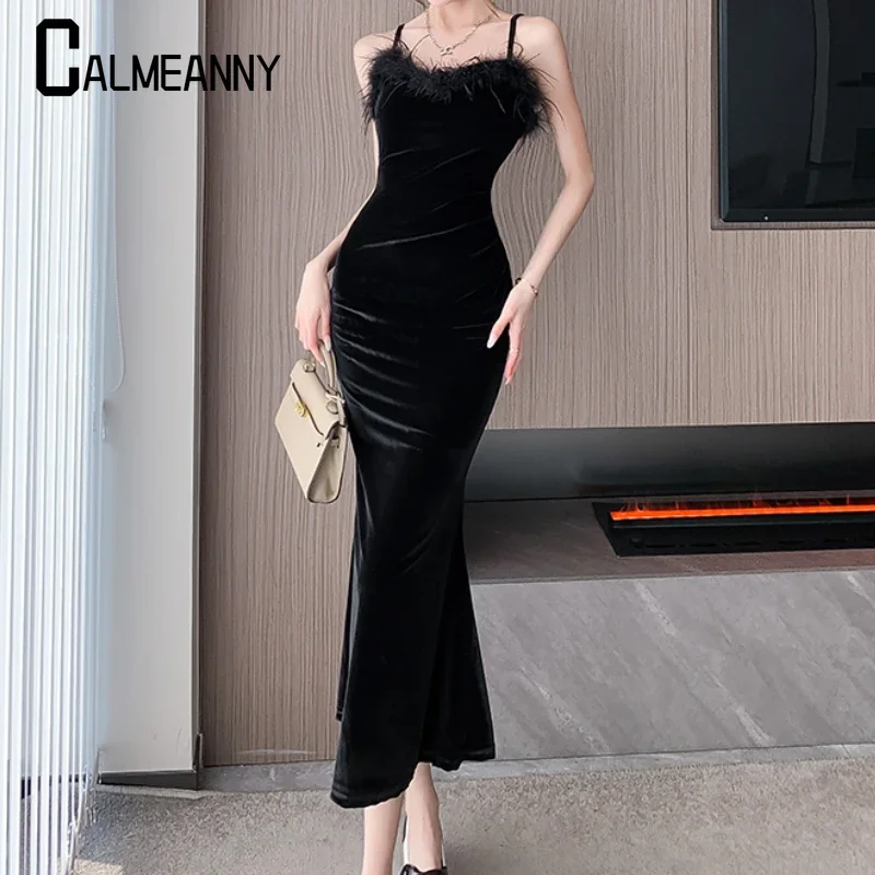 2024 autunno inverno sexy vintage spacco velluto abiti con cinturino per spaghetti per le donne francese elegante festa di nozze abbigliamento femminile