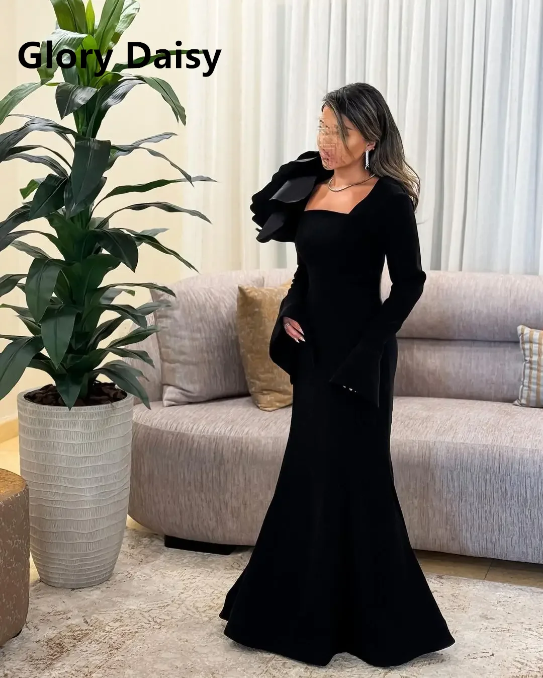 Elegant Strapless Black Prom Dress Square Neckline Hand Flower Evening Dresses Gala Saudi Arabic Women Wedding Party Gowns 2024