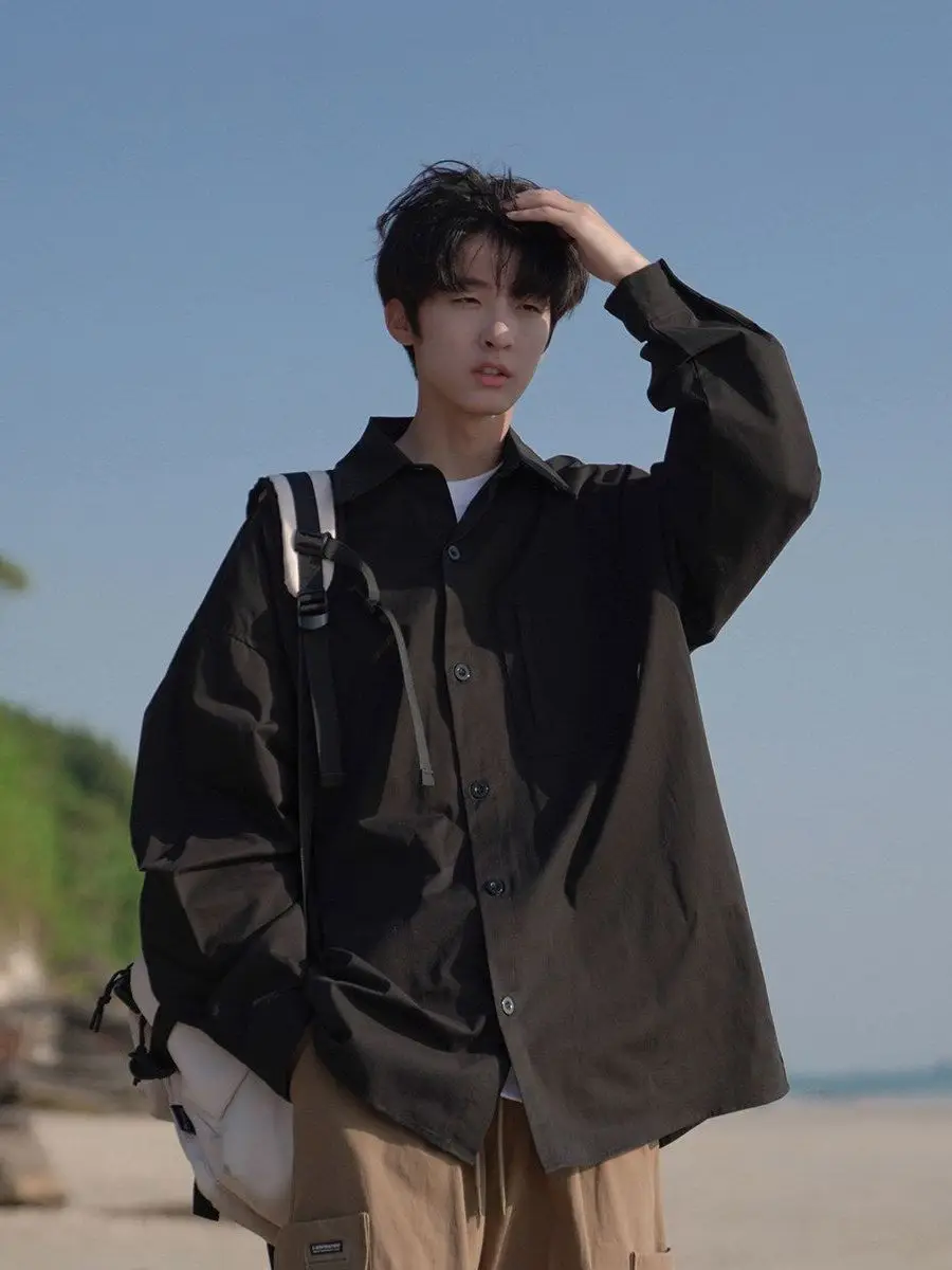 

Spring Autumn Pure Color Long Sve Cotton irt Loose Fit Casual Sle Turn-down Collar Men's Faion Comfortable Breathable