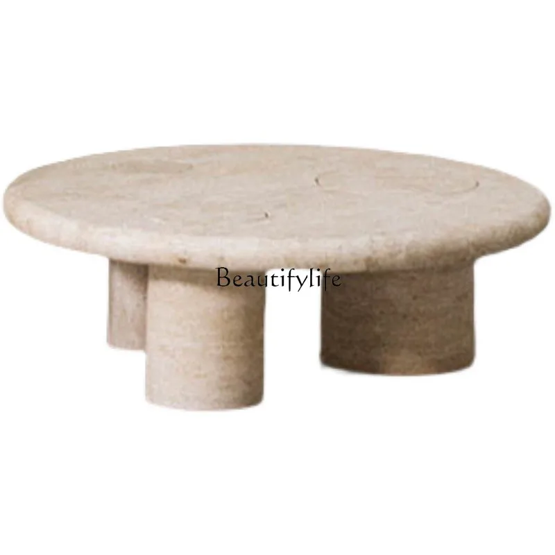 

Nordic natural travertine coffee table wabi sand wind light luxury marble round tea table