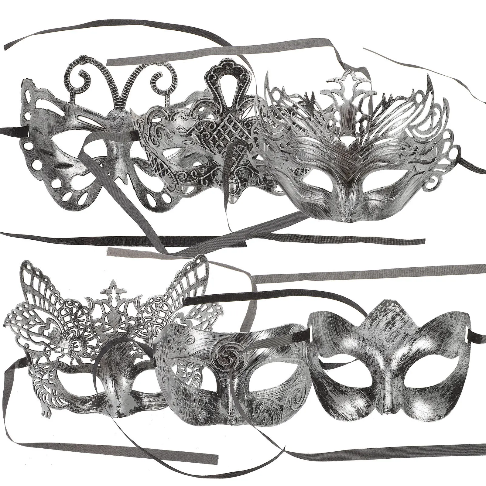 6 szt. Maseczek Vintage na Maskaradę Srebrne Półmaski Halloween Mardi Gras Kostium Cosplay Impreza Srebrna Maska Maskaradowa