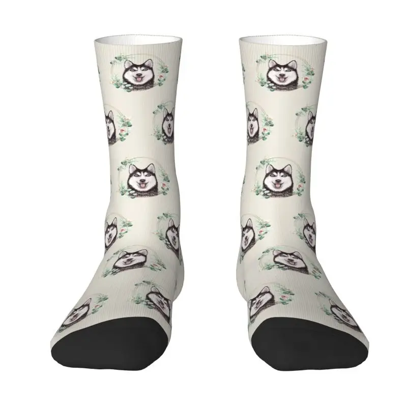 Cool Men's Siberian Husky Dog In Floral Gold Wreath Dress Socks Unisex Breathbale  3D Printed Alaskan Malamute Lover Crew Socks