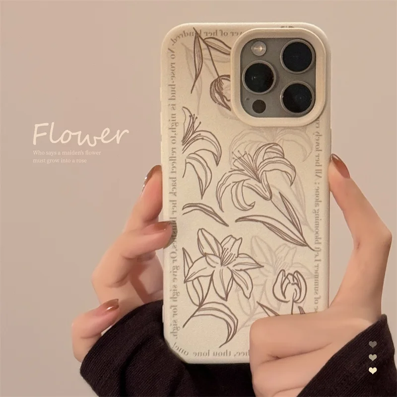 Cheese White Line Manuscript White Lily Phone Case For iPhone 12 13 14 15 16 pro max