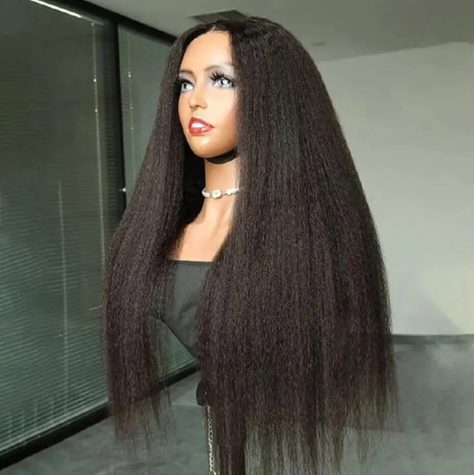 Perruque Yaki Lace Front Wig sans colle pour femme, cheveux crépus lisses, cheveux de bébé, noir naturel, pre-plucked, long, 26 pouces, densité 180, mode 03/