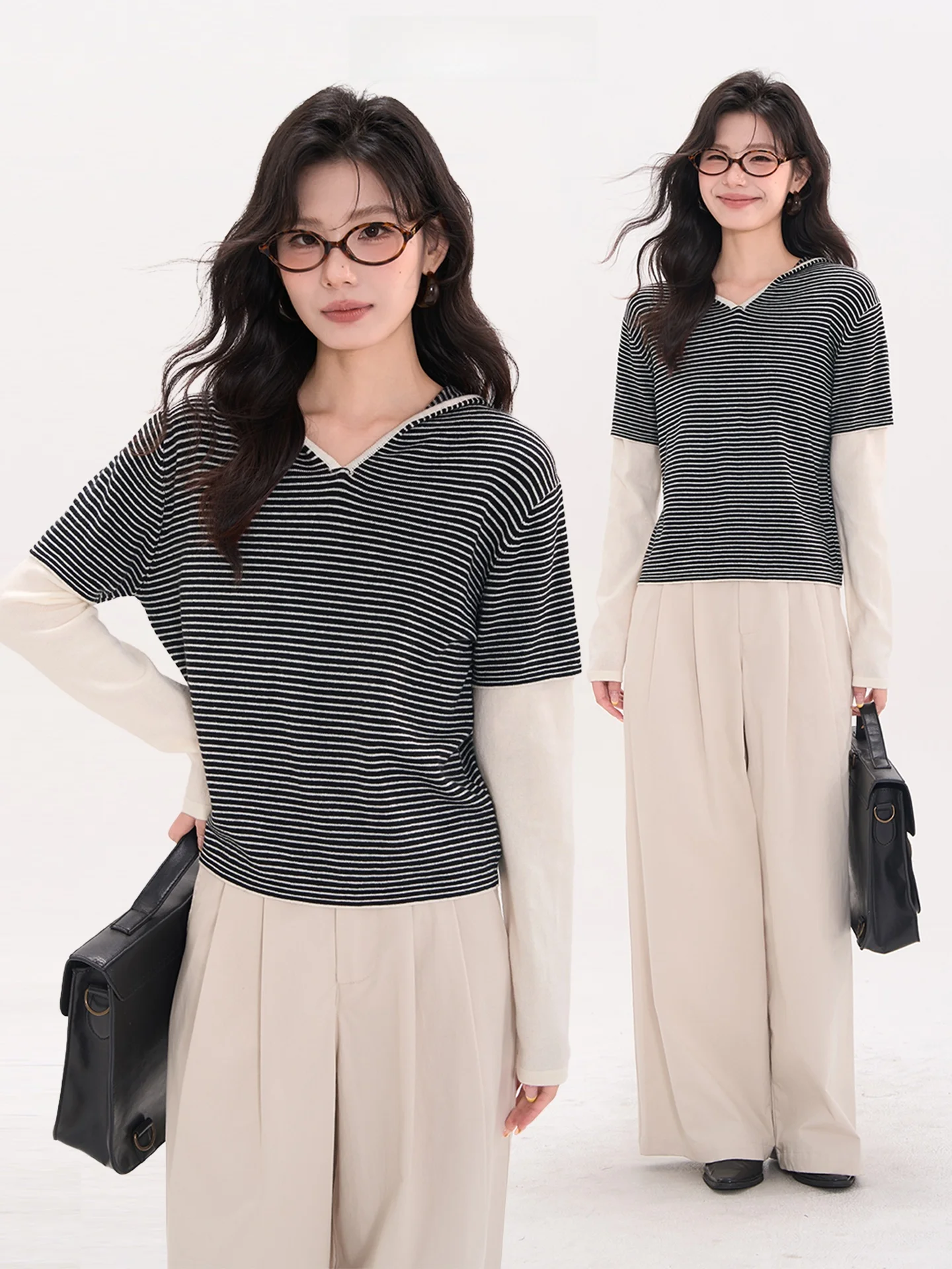 

Толстовка Heme 5 из мягкой шерстяной смеси с длинными рукавами, в полоску, вязаная, повседневная, свободного кроя, для девочек, модная, осенняя, из полиэстера и нейлона