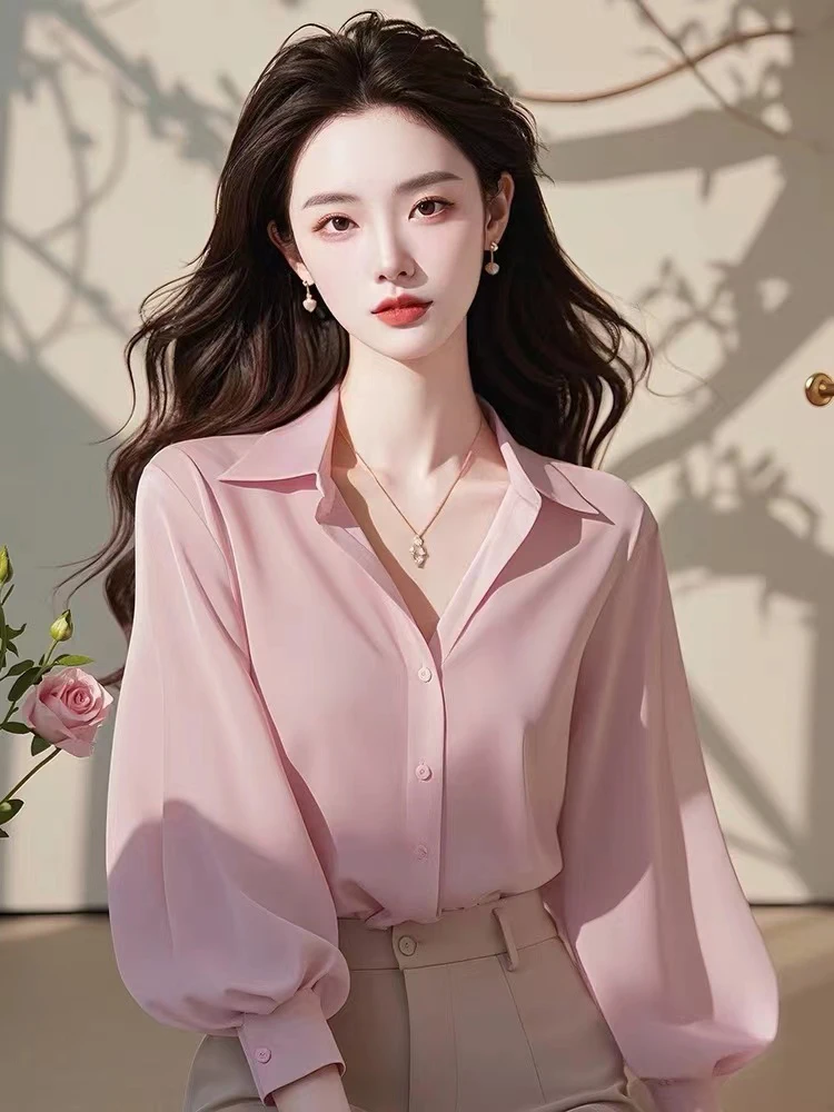 

Pink Chiffon Long Sleeve Shirt Women's Spring Autumn 2026 New Lantern Sleeve Versatile Commute Professional Shirt OL Top Trendy