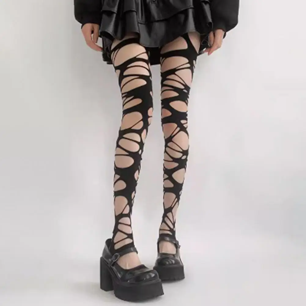 Sexy Lace Strap One Piece Fishnet Socks Black Silk Socks Over Knee Long Tube Open Crotch Free Strap Socks