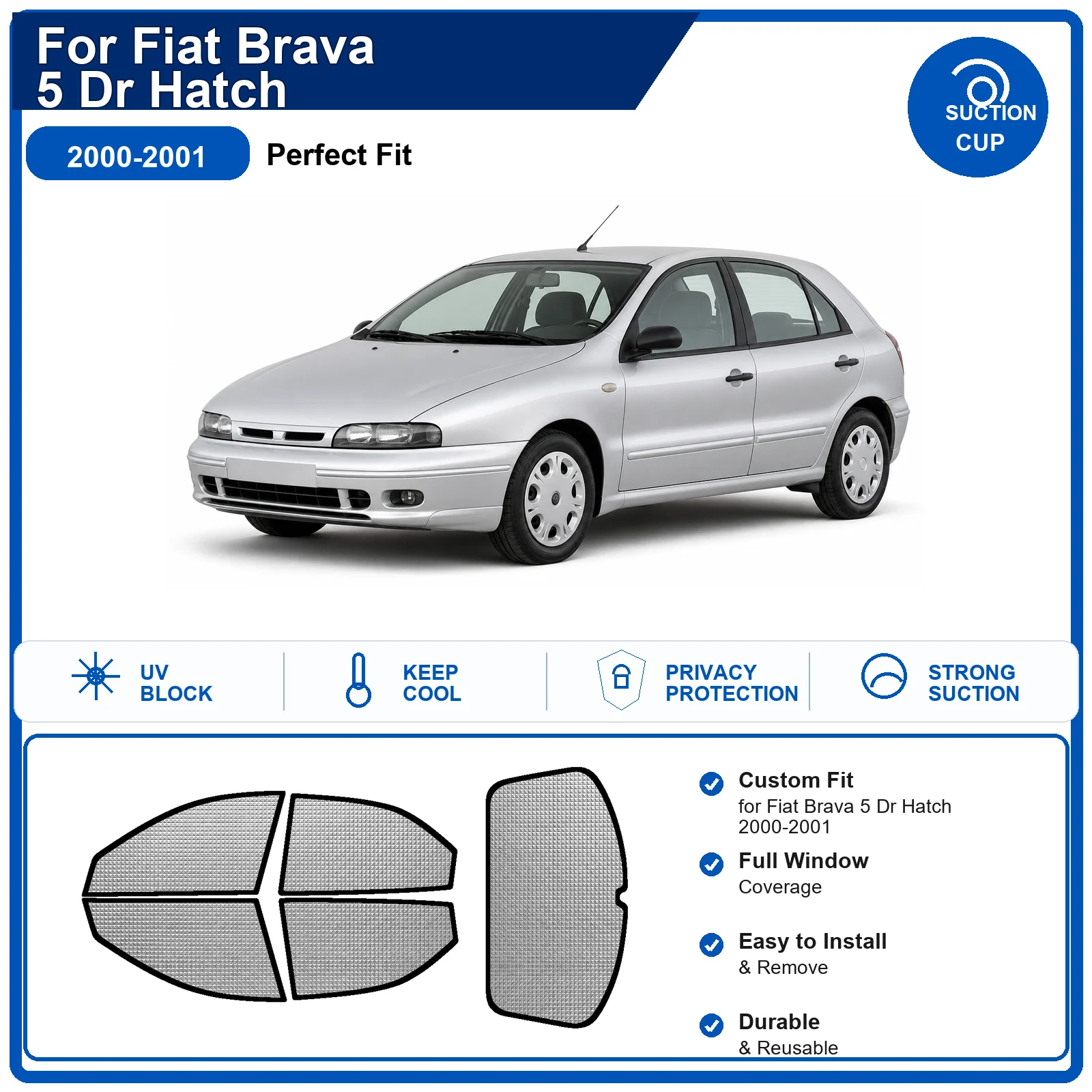 For Fiat Brava 5 Dr Hatch 2000-2001 Custom Full Set Windshield Sun Shade Aluminum Foil Heat Insulation Anti UV Foldable