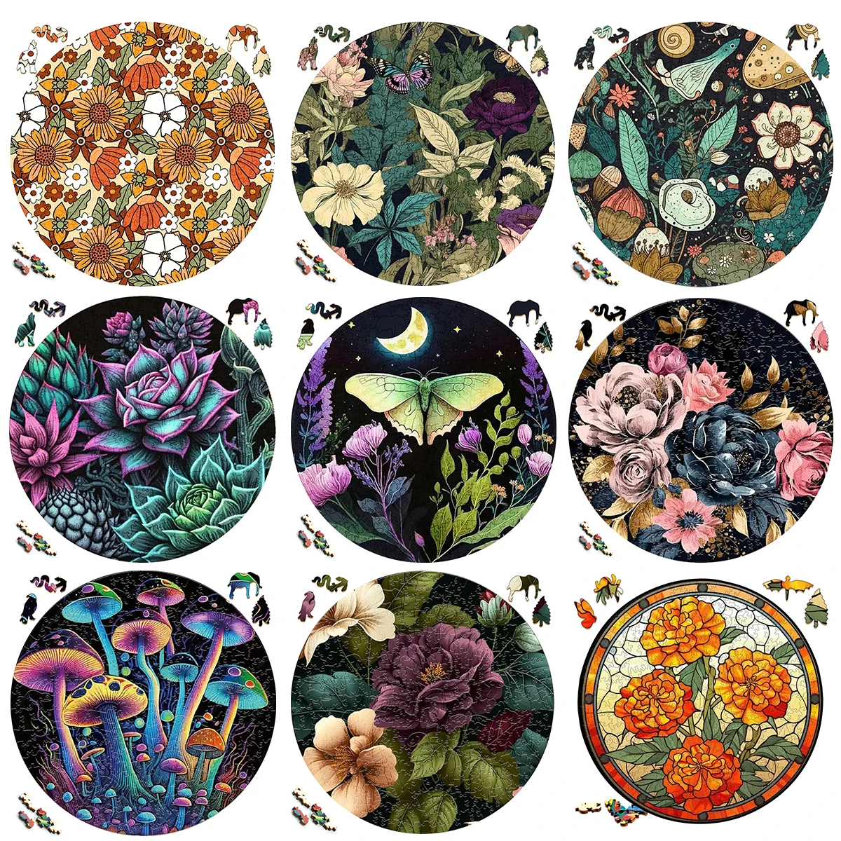 

Wooden Puzzle Mandala Funny Flower Plant Surprise Toys 3D Wood Jigsaw Puzzles Creative Games Round Shaped Animals Secret Puzzle