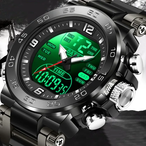 FOXBOX, relojes de lujo para hombre, cronómetro con alarma, retroiluminación Digital LED, pantalla de doble horario, reloj resistente al agua para hombre