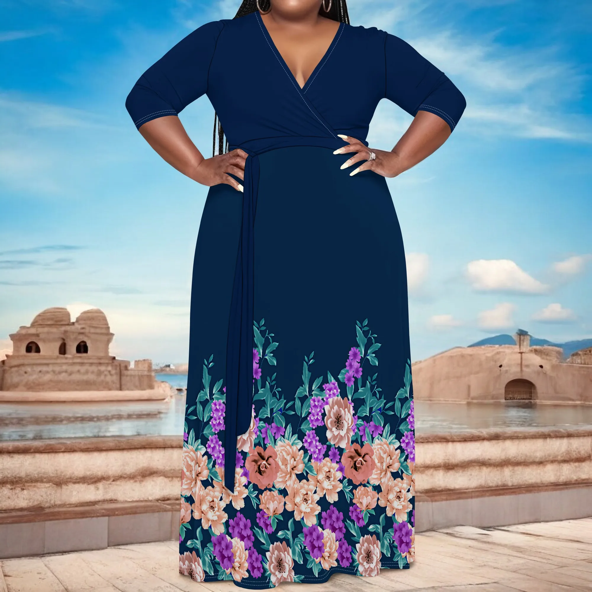 Plus Size Bold Floral Long Sleeve V-Neck Maxi Dress with Belt - Women's Vibrant Elegant Party Resortwear Evening