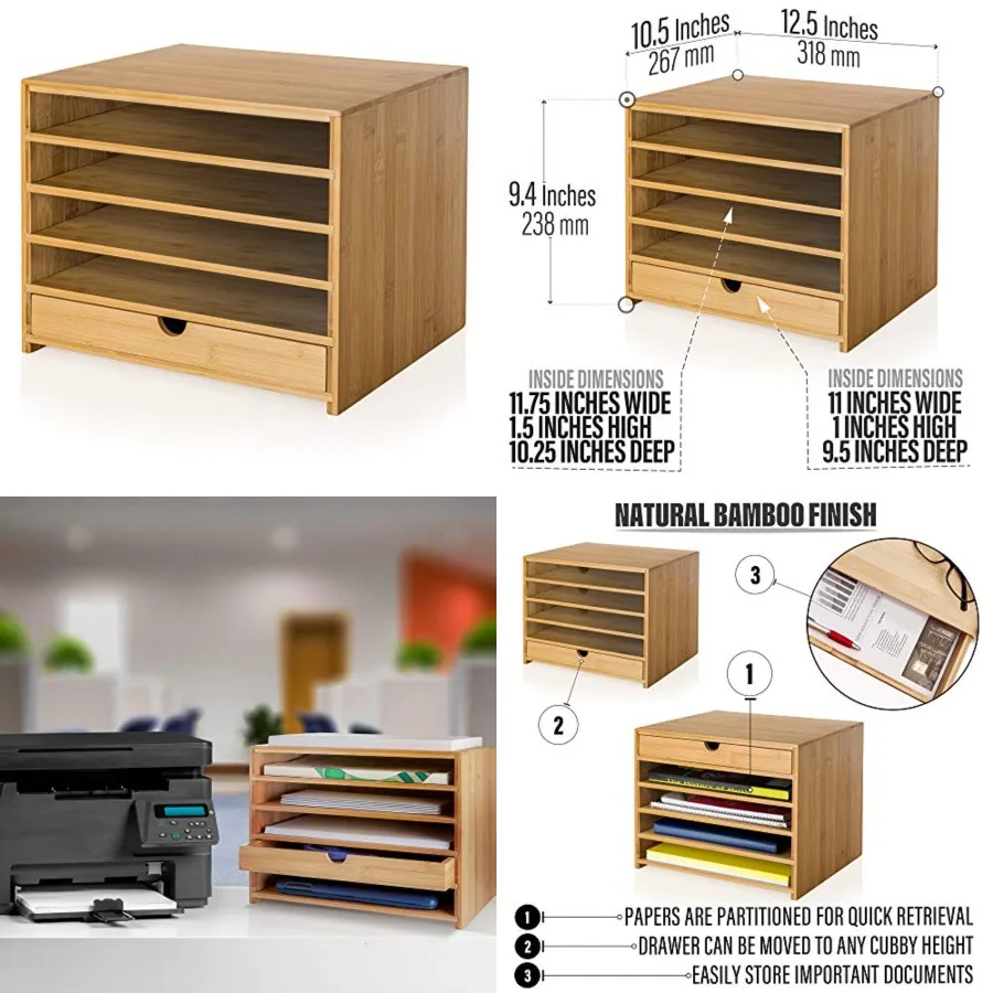 

Bamboo Four Cubby Paper Letter Tray Organizer with Single Pull-Out Drawer for Home and Office Desktop Organizer with Drawer - N