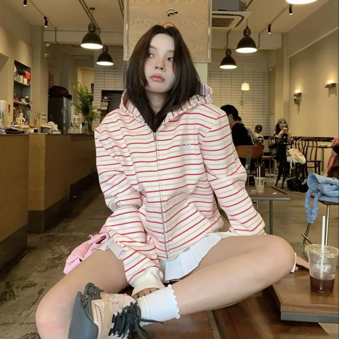 Pink White Striped Hooded Sweatshirt Cardigan Autumn Style Korean Style Lazy Style National Trend Loose Versatile Jacket Top