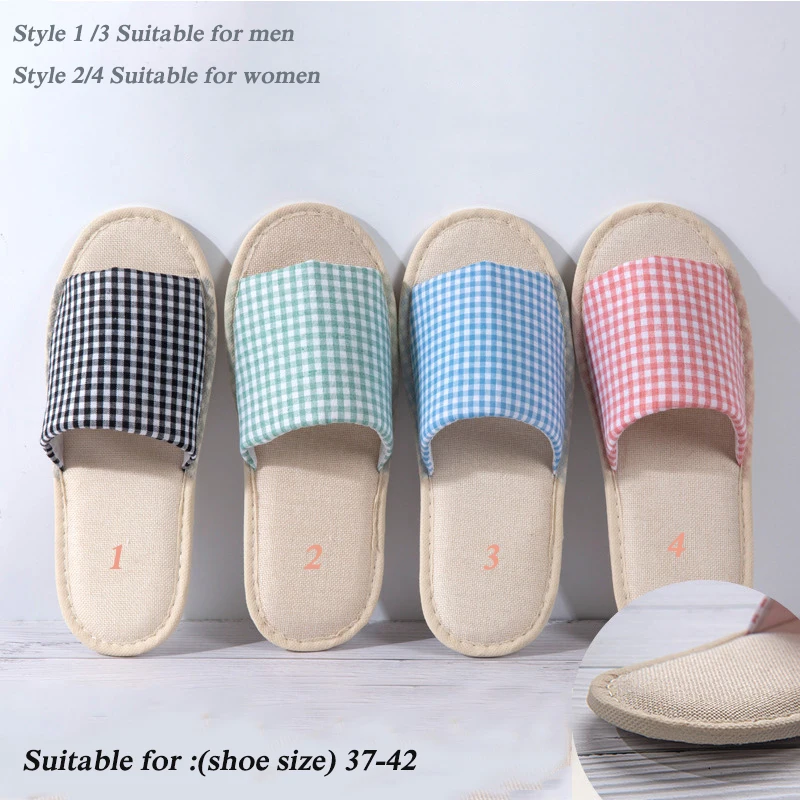 Four Seasons Linen Lattice Disposable Hotel Slippers Non-slip Home Slippers For Unisex High Quality Washable Guest Slippers