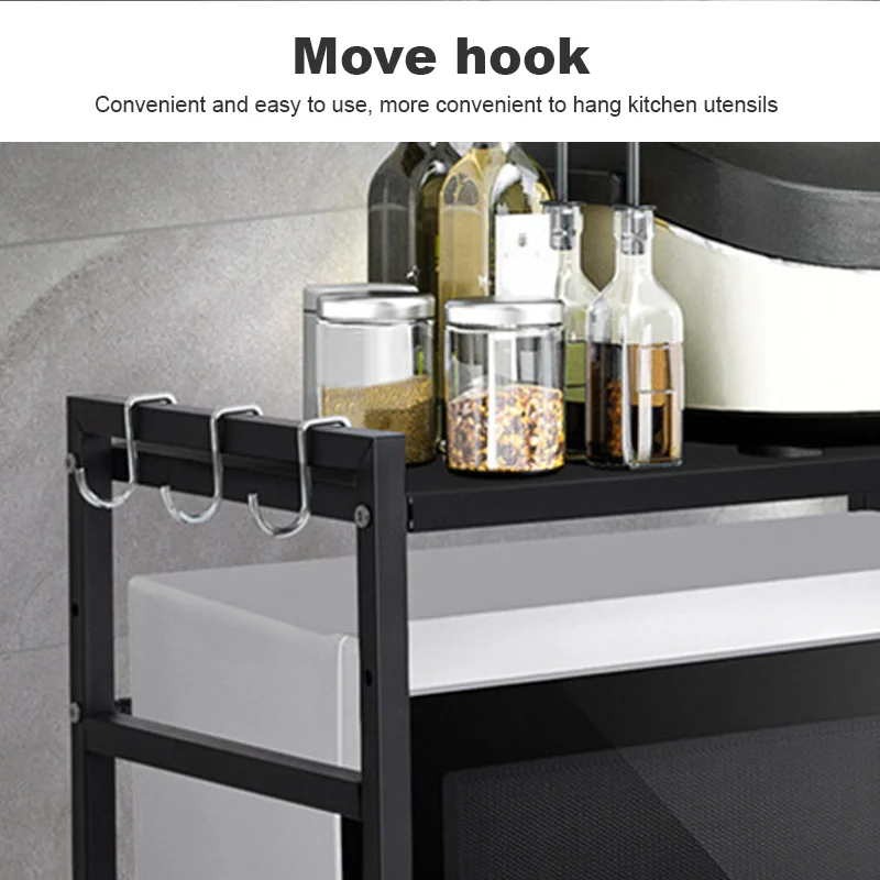 2-stufiges Mikrowellenregal aus Kohlenstoffstahl, erweiterbares Regal, platzsparender Regal-Organizer mit 6 Haken für Küchenarbeiter, Weiß/Schwarz – Detail 6