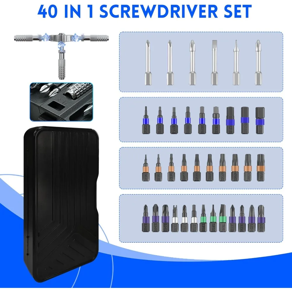 Set Obeng Ratchet 40 in 1, Set Mata Obeng Magnetik Baja S2, Kit Alat Perbaikan Portabel dan Ringkas untuk Elektronik, Komputer