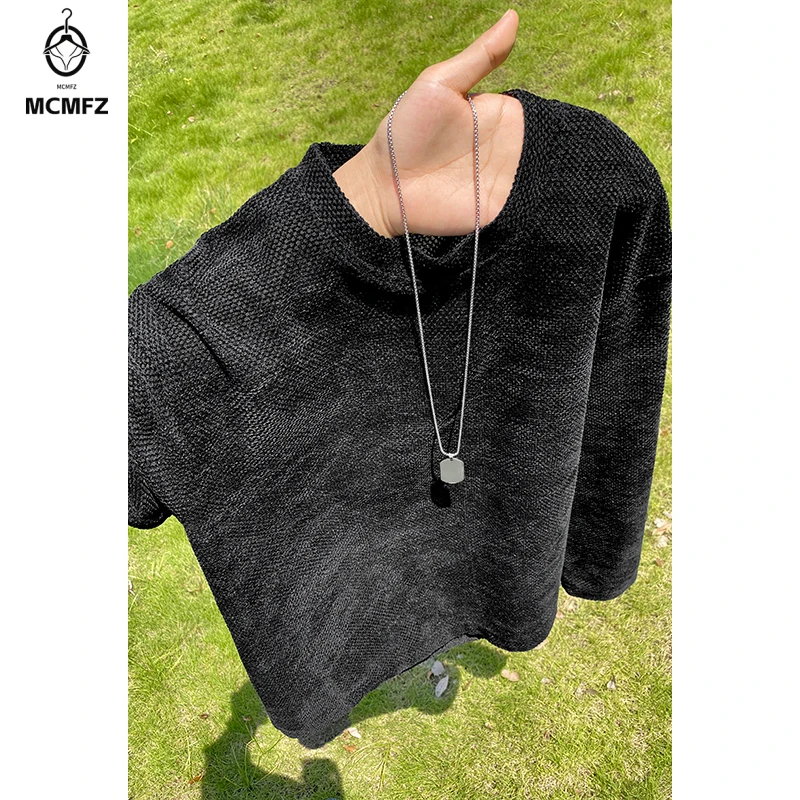 Mens Gradient Washed Textured Knit Top Crew Neck Long Sleeve Loose Fit For Youth Daily Street And Travel Matching
