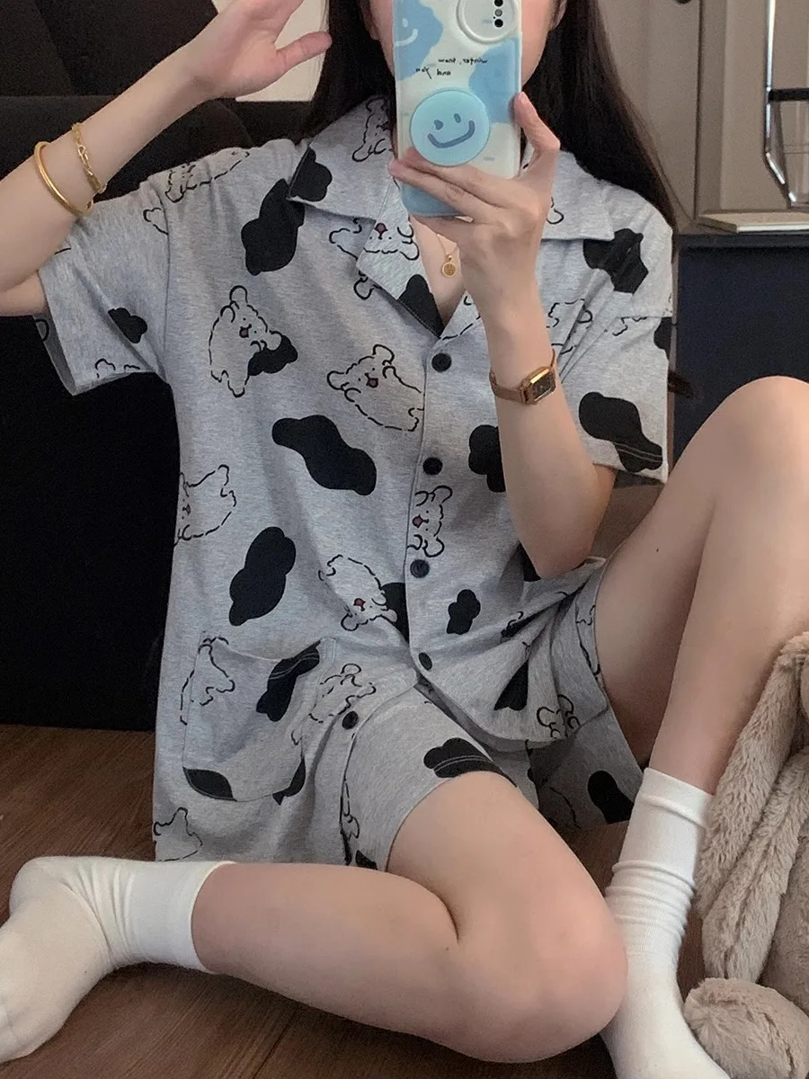 

2025 Summer New Pure Cotton Sleepwear Women's Short Sleeve Cartoon Print Pajamas Short Pants Home Clothes Couple's Turn-down ...