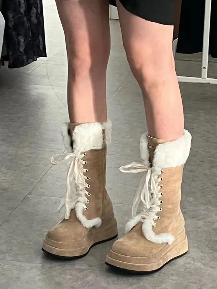 Lace-up Thickened Women Boots Thick-heeled Thick-soled High Warm Snow Comfortable Cotton Shoes 2022 Winter Ladies Girls