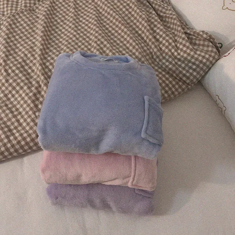 Conjunto de pijama grosso de lã quente feminino, pijama casual, top sólido, calça xadrez, peça macia, terno doméstico, inverno