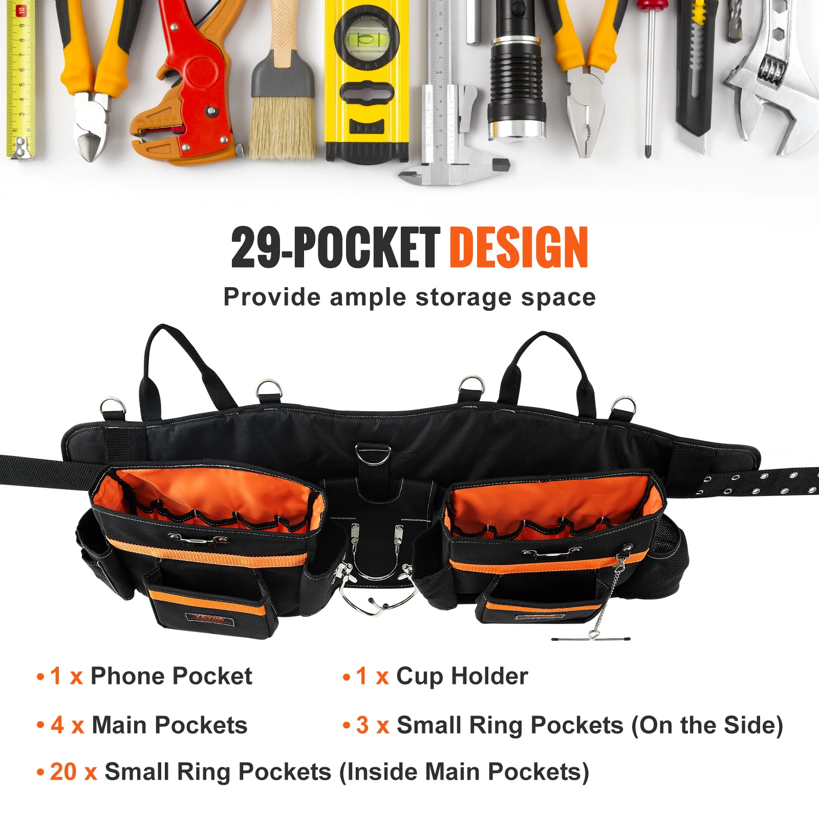 VEVOR Tool Belt 29-54 inches Adjustable Waist Size with Suspenders Heavy Duty Carpenter Tool Pouch for Carpenters Electricians