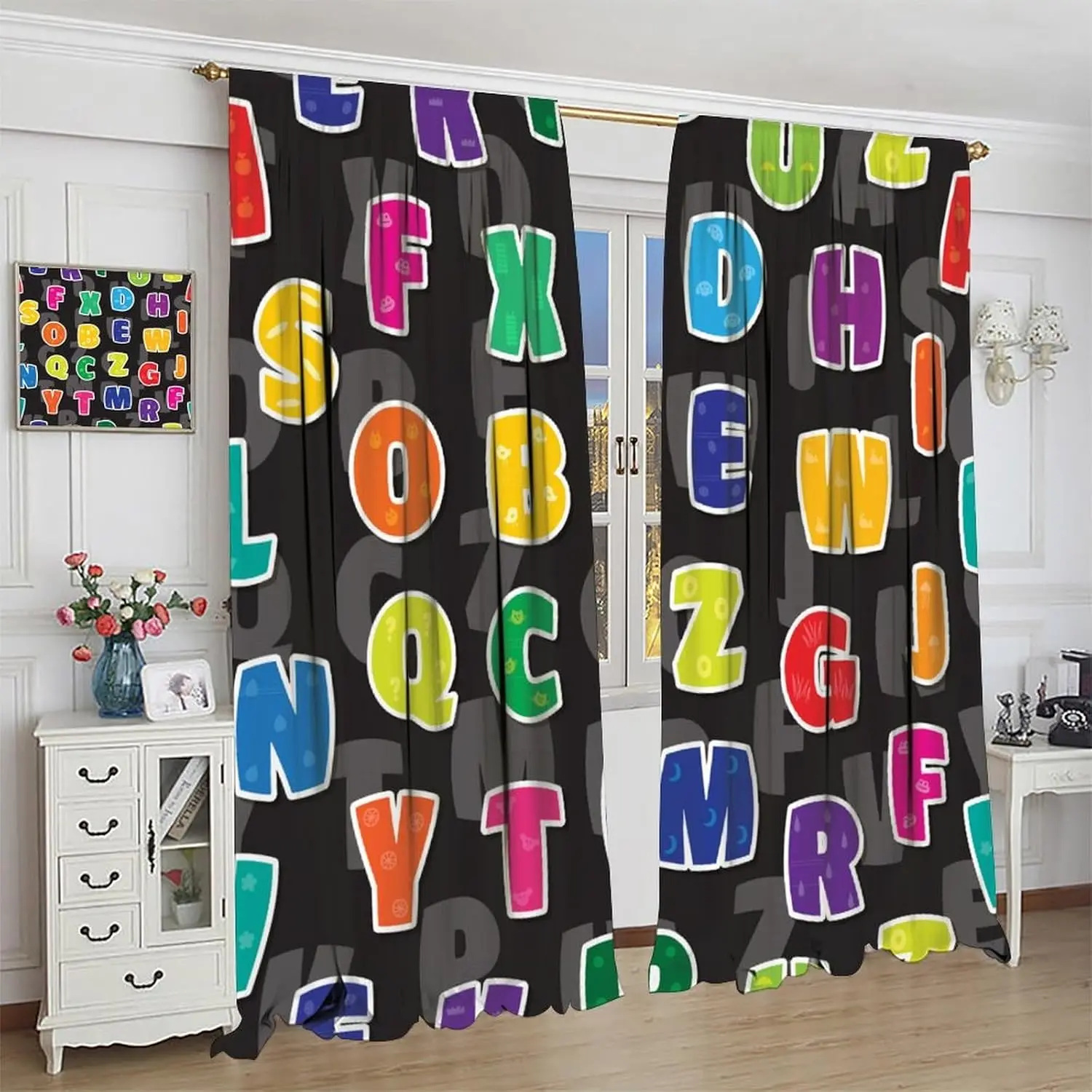 Kids ABC Alphabet Curtains Hand Drawn Colorful 3D Style ABC Letters with Kids Patterns Blackout Window Drapes for Bedroom Living