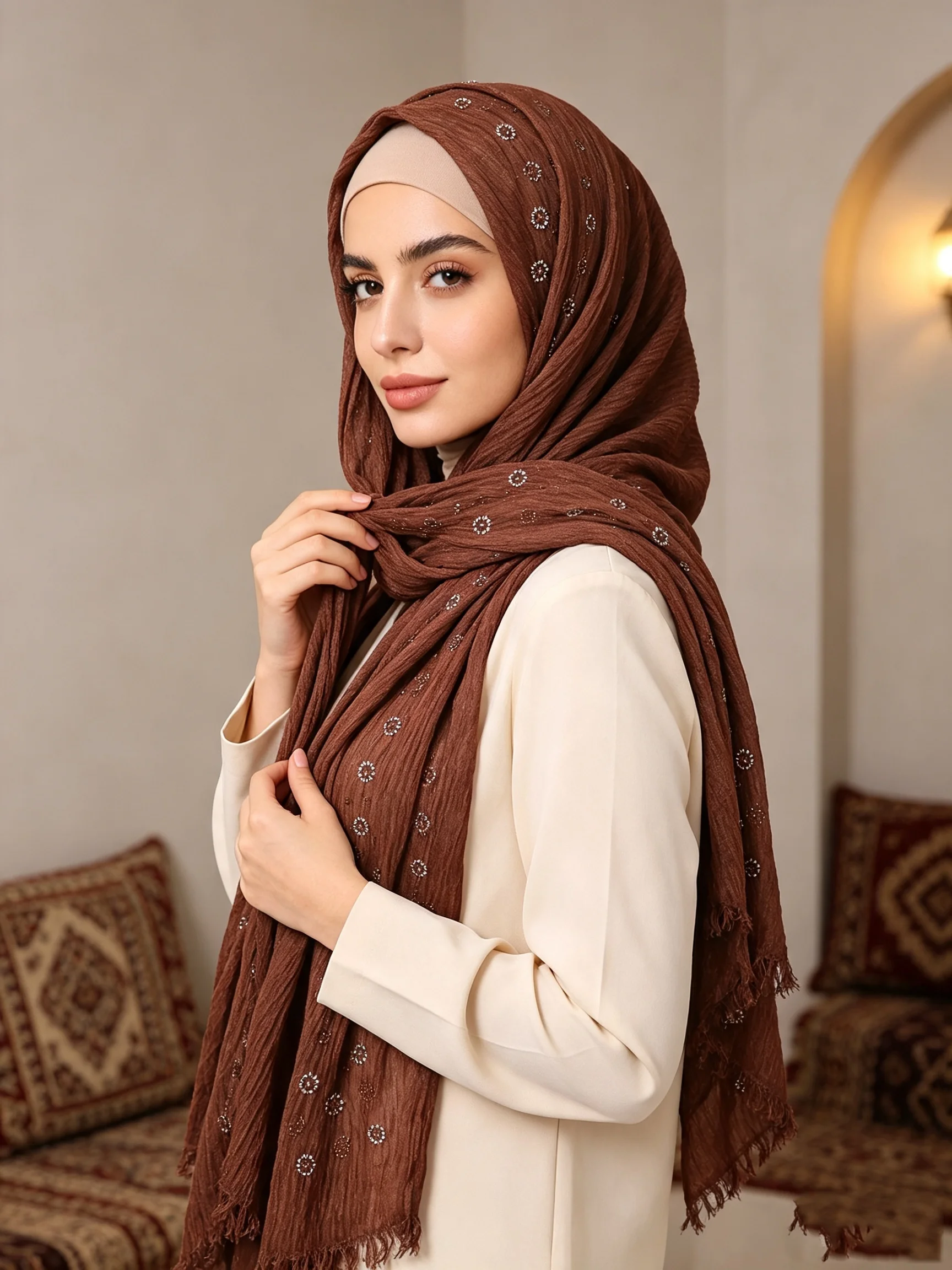 Crinkle Texture Hijab Sunflower Rhinestone Scarf Fringe Tassel Headscarf Soft Islamic Women Daily Head Wrap Shawl
