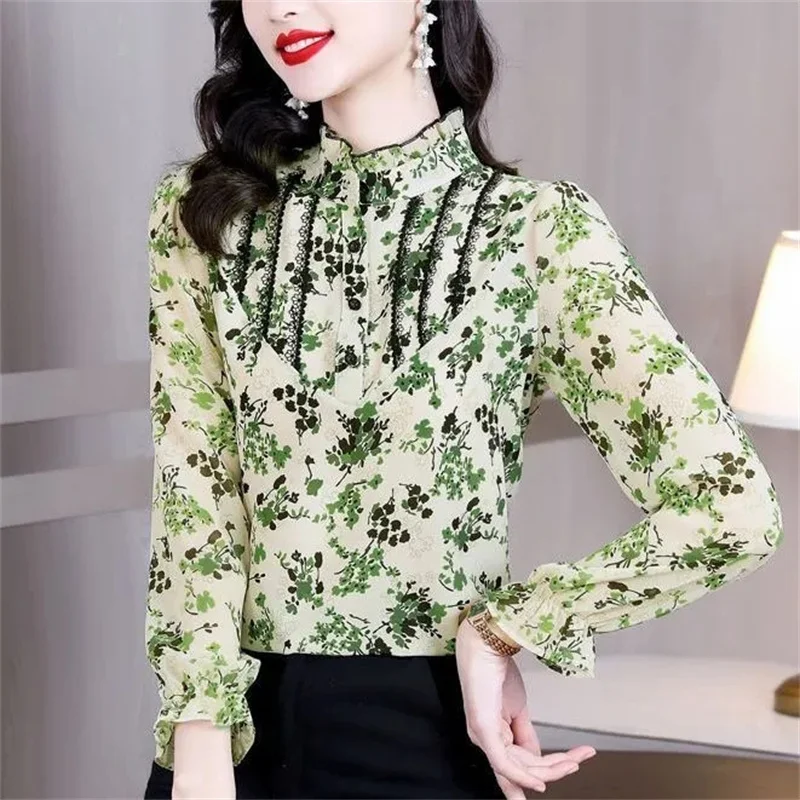 2023 New Chiffon Shirt Women's Long Sleeved Spring/Summer Lace Spliced Print Imitation Mulberry Silk Auricularia Foreigner Shirt