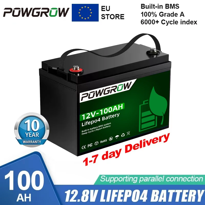 POWGROW 12V 24V 100AH 300AH LiFePo4 Batterij Lithium Pack 100A BMS Voor RV Inverter Solar Lithium-ijzerfosfaat Batterij NoTax