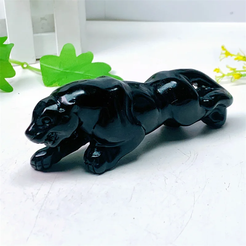 

Natural Black Obsidian Cheetah Gemstone Room Decoration Healing Crystal Animal Figurine Reiki Carved Stones Gift 1PCS 12CM