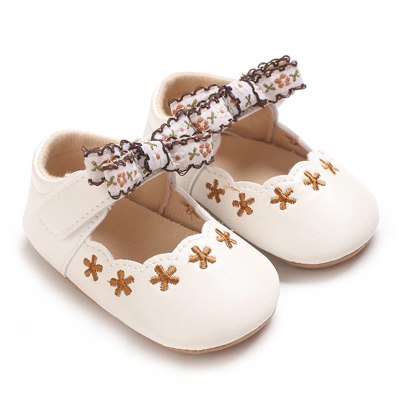Baby Color Blocked Embroidery With Retro Styl Girl Shoes, Soft Sole PU Leather Bow Crib Shoes Non-slip Flats Toddler Shoes 0-18M