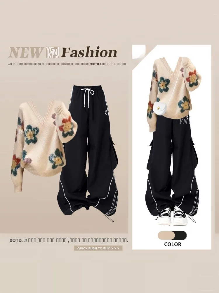 

Pure Desire Gentle Floral Vintage V-Ne Long Sve Knitted Sweater Spring Bla Sports Casual Pants Set Women's Faion Ens...