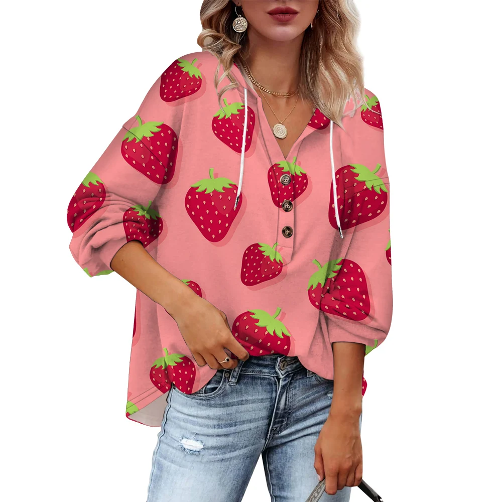 CLOOCL Lovely Hoodies Women Harajuku Streetwear Loose Casual Female Long Sleeve Pullover Hoodies Fruit Print Strawberry Hoodie