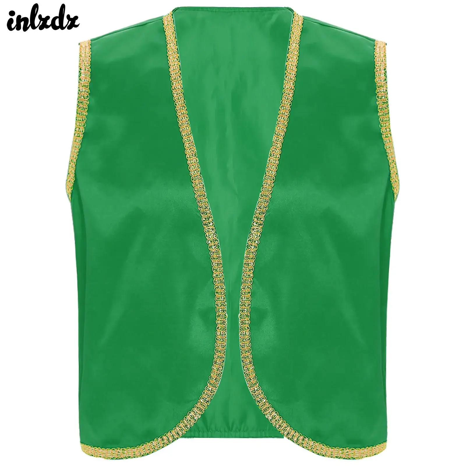 

Mens Halloween Indian Arabian Cosplay Costumes Deluxe Arabian Prince Stain Vest Shiny Gold Trim Open Front Curved Waistcoat