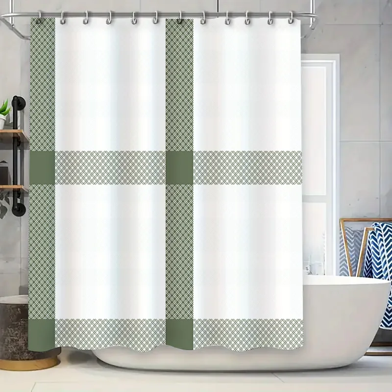 

Modern White Waterproof Shower Curtain with Green Plaid Design for Bathrooms Decoration