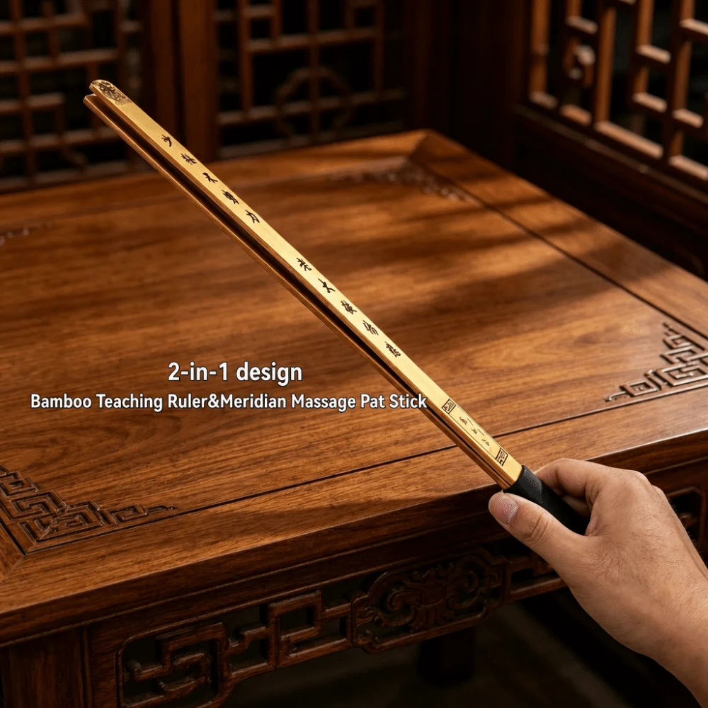 2-in-1 Bamboo Teaching Ruler Double Layer Design Thickened Handle Bamboo Teaching Stick Chinese Classical Engraved