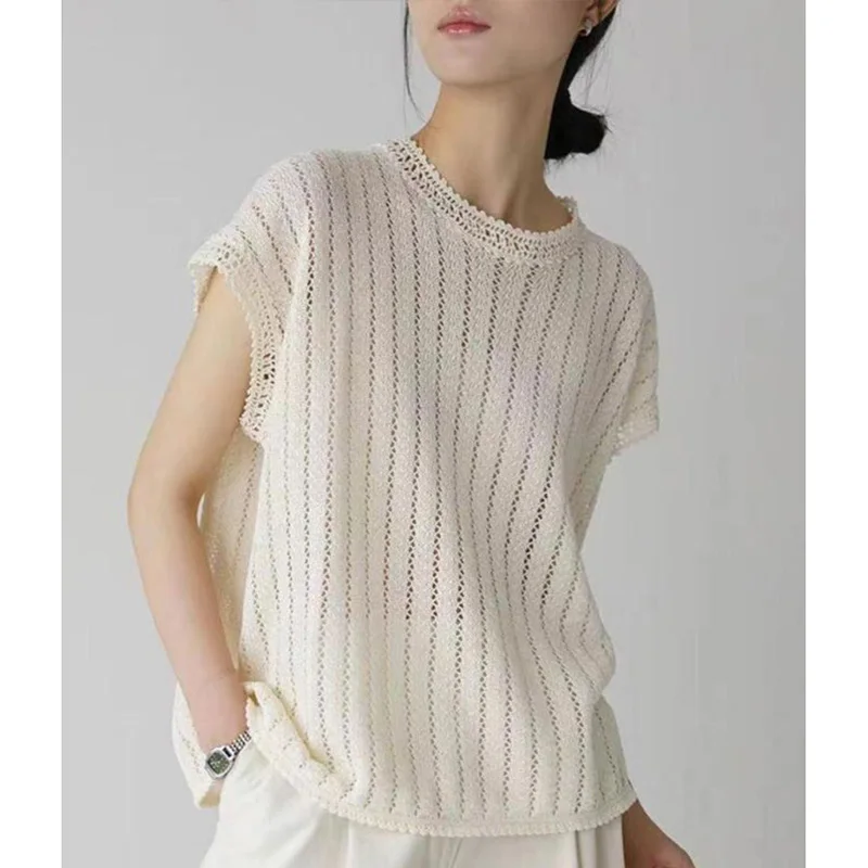 

Fashion O-Neck Solid Color Knitted Hollow Out T-Shirts Women's Clothing 2024 Summer New Loose Casual Tops Commuter Tee Shirts