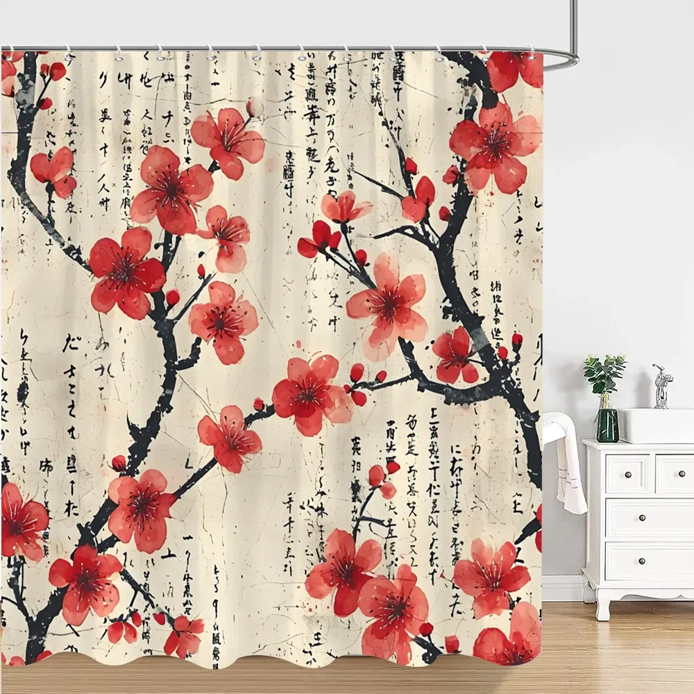 Chinese Japanese Ink Painting Shower Curtain Red Plum Blossom Art Painting Retro Style Polyester Shower Curtains Bathroom Decor