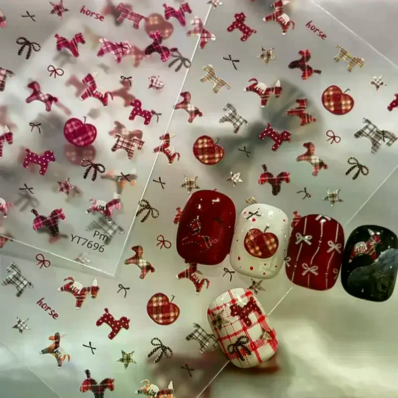 Cute Horse Bowknot Pony Nail Art Sticker Cartoon Lion Dance Manicure Decal New Year DIY Nail Art Decoration