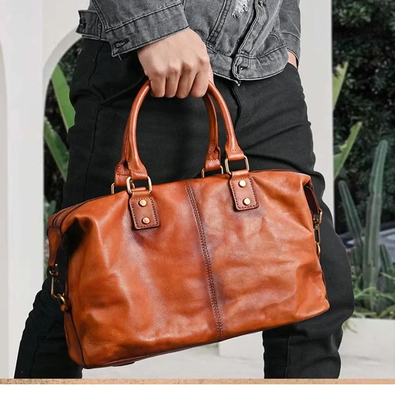 Retro Genuine Leather Travel Tote Bag for Men Soft Cowhide Unisex Travel Duffel Large Shoulder Bag 2024 Male Luggage Duffle Bags