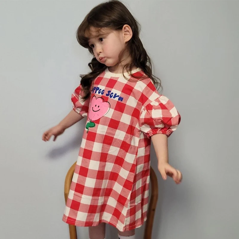 Girls Summer Plaid Dress Floral Short Puff Sleeve Beach Sundress