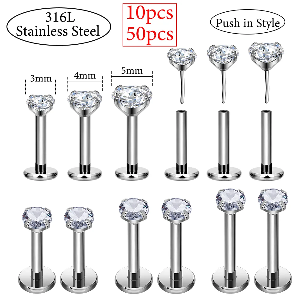 10/50pcs 316L Stainless Steel Threadless Labret 16G Push in CZ Ear Studs Cartilage Helix Tragus Daith Earring Piercing Jewelry