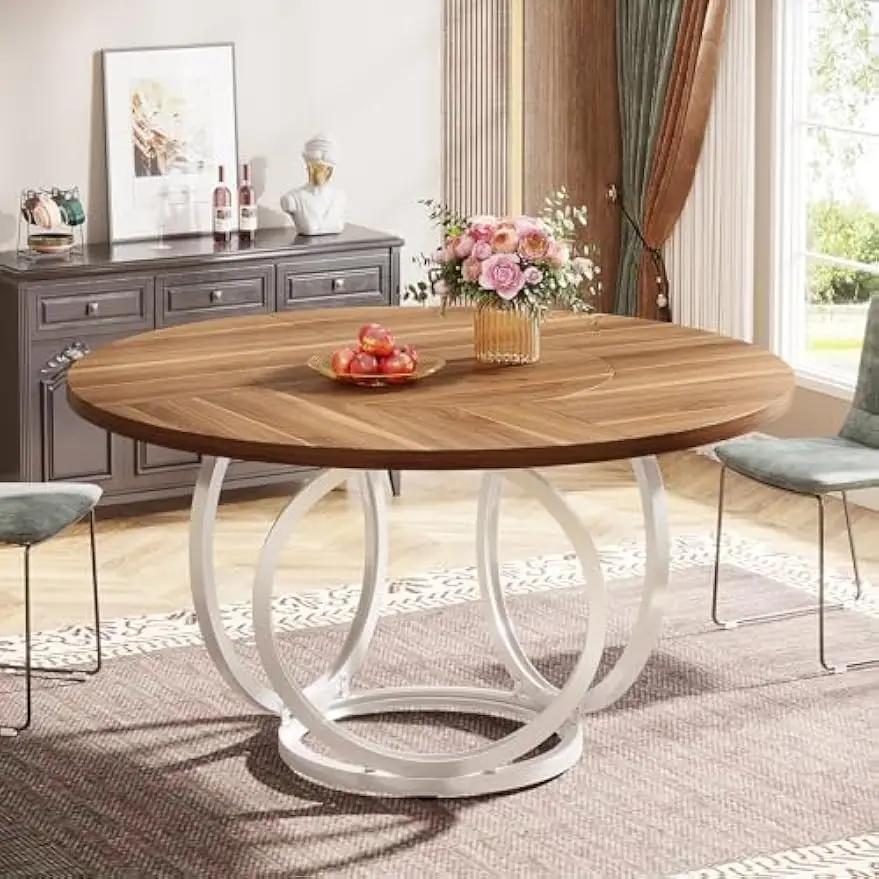 Vintage Round Dining Table for 4, 47-Inch Brown Kitchen  with White Metal Base, Farmhouse Wood Dinner