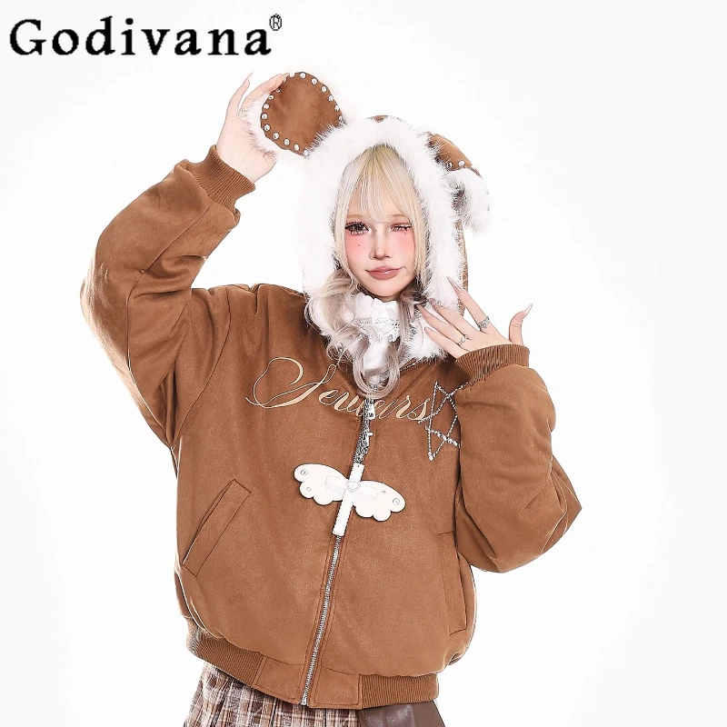 Y2K الفتيات الأرنب الأذن مقنعين سترات النساء الشتاء فضفاضة سميكة مبطن سترة قطن الإناث النمط الياباني معطف القطن الدافئ