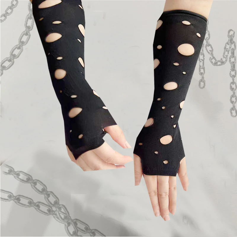 New Gothic Punk Fingerless Long Ripped Holes Gloves Halloween Hip-pop Rock Gloves Cosplay Dark Style Mittens Club Black Gloves