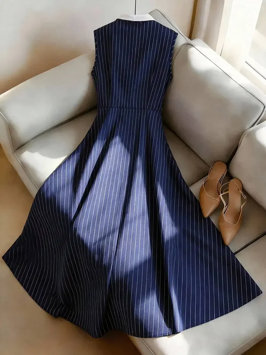 Blue Striped Sleeveless A-Line Dress With Contrast Collar Elegant Daily Commute Vacation Fashion
